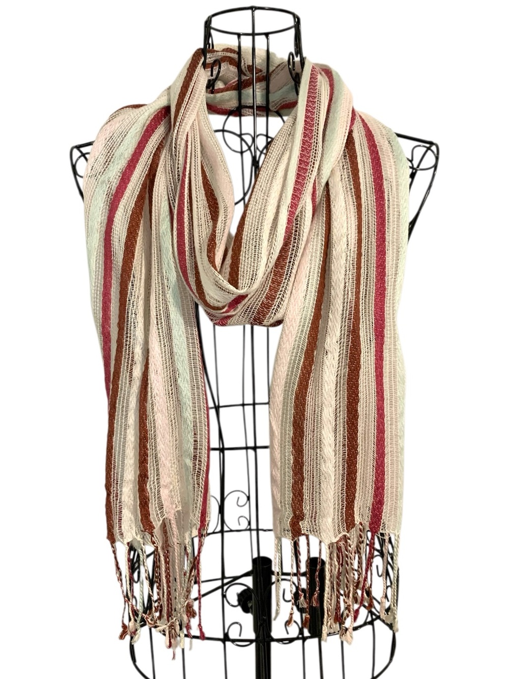 Vintage Y2K Lightweight Striped Twist Fringe Scarf Pink Brown Neutral Gauze Boho